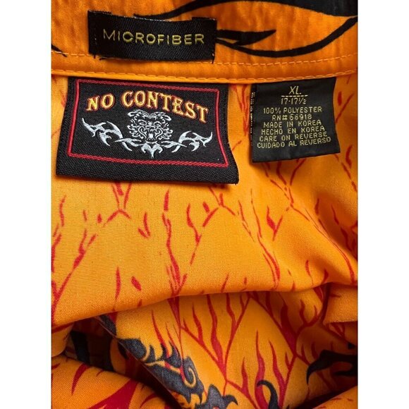 Mens Vintage Rockabilly Orange Black Embroidered Dragons Flames Button Up Shirt - Picture 6 of 7